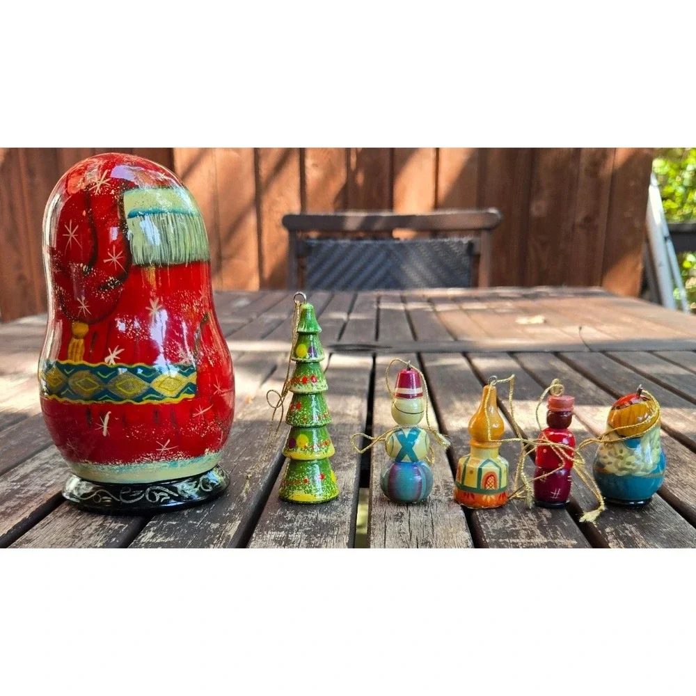 Vintage G. DeBrekht Russian Santa Nesting Doll Set 5 Wooden Christmas Ornaments